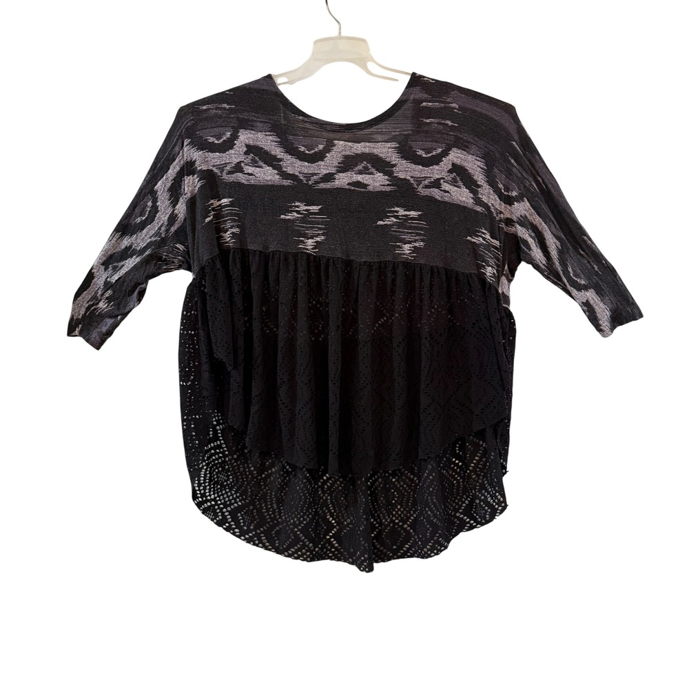 Free People Boho Black & Gray Printed Eyelet   Peplum Tunic Blouse Goth Medium